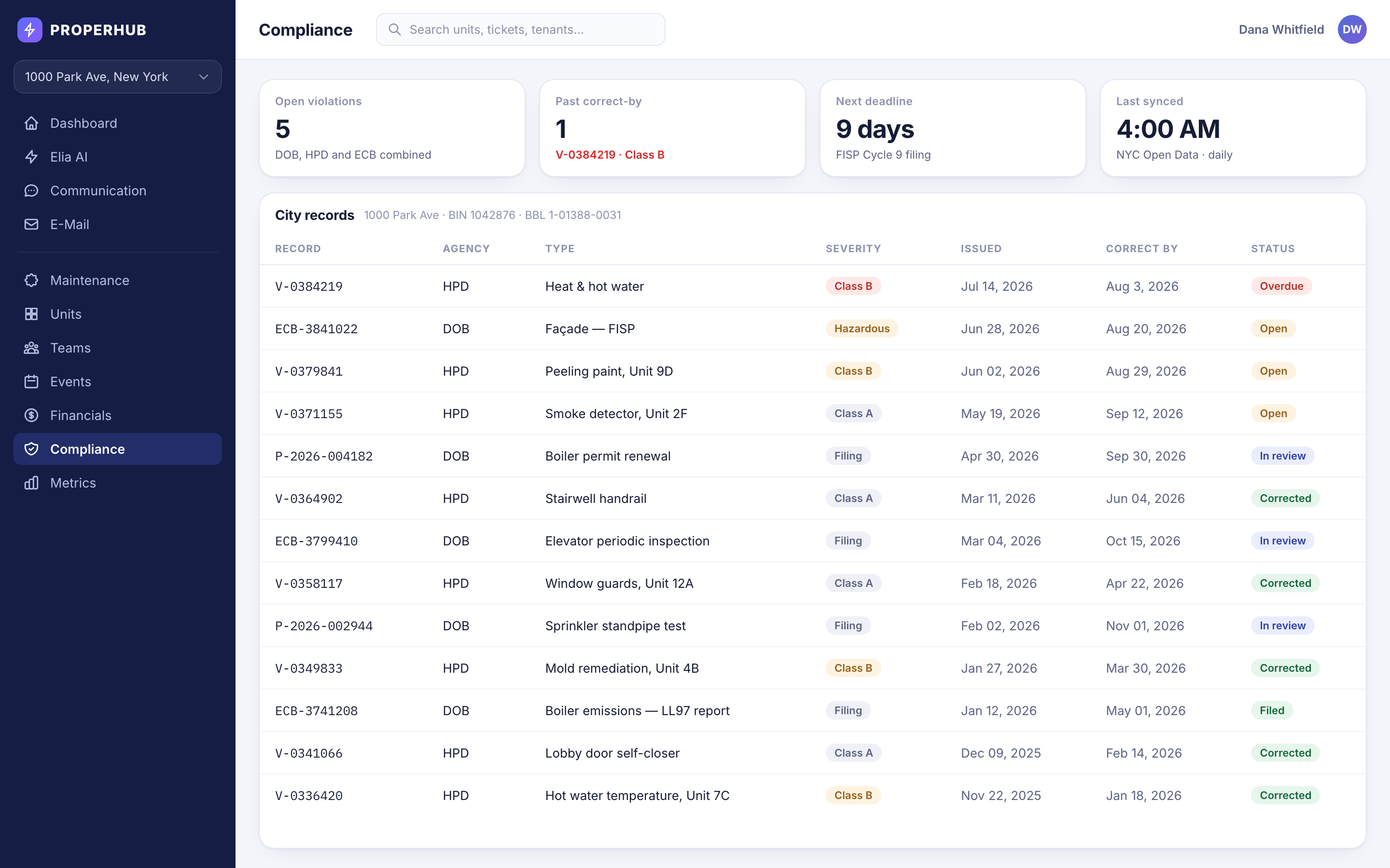 ProperHub compliance page listing NYC city records from HPD and DOB with severity, issue dates, correct-by dates and status