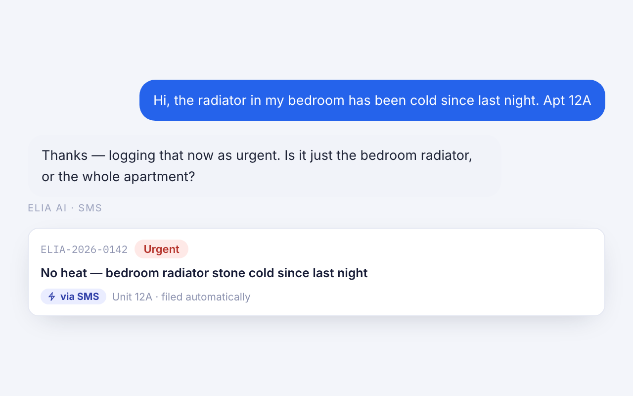 A tenant text message becoming a maintenance ticket tagged 