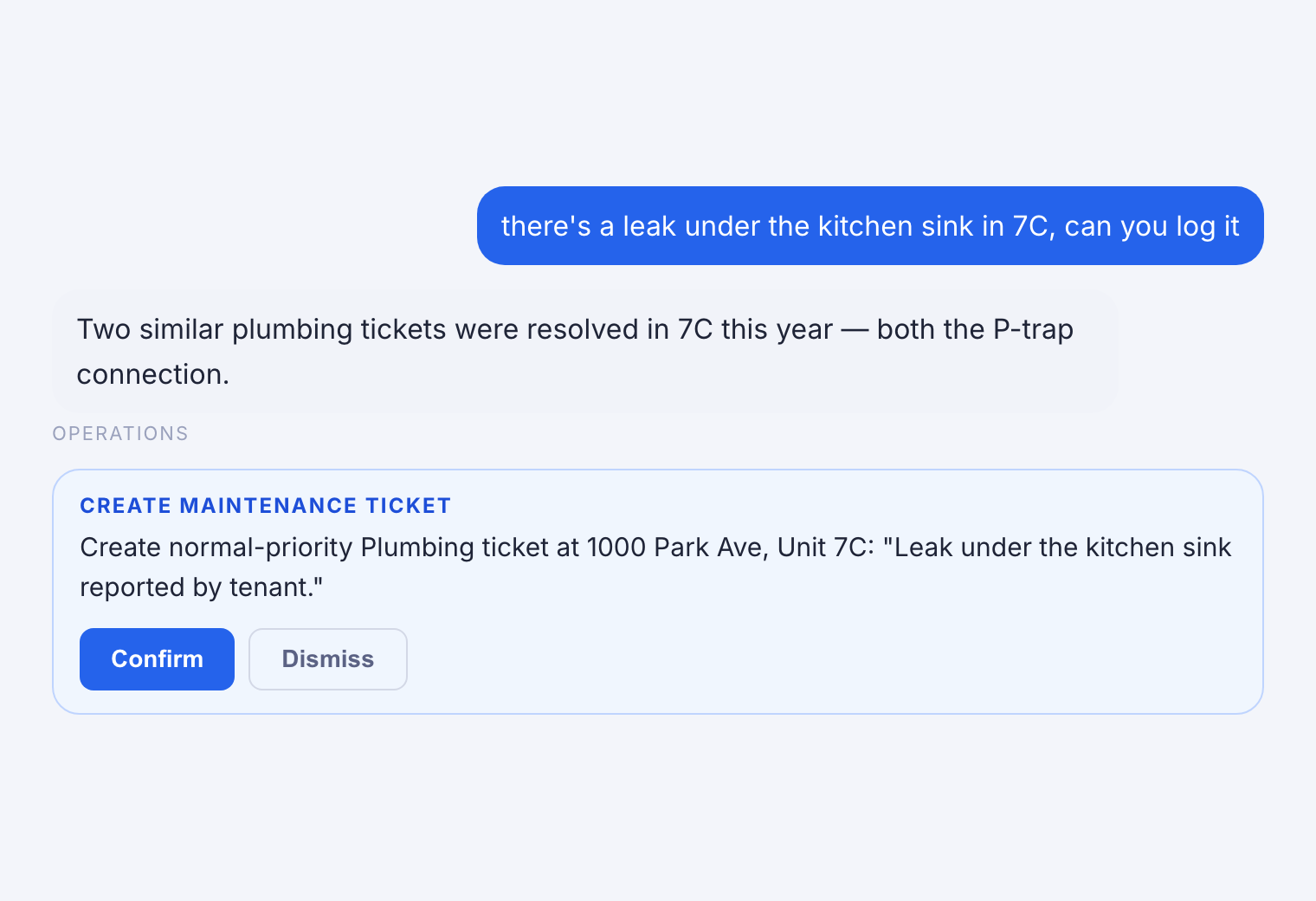 Elia AI answering a question about open violations, then proposing a maintenance ticket with Confirm and Dismiss buttons